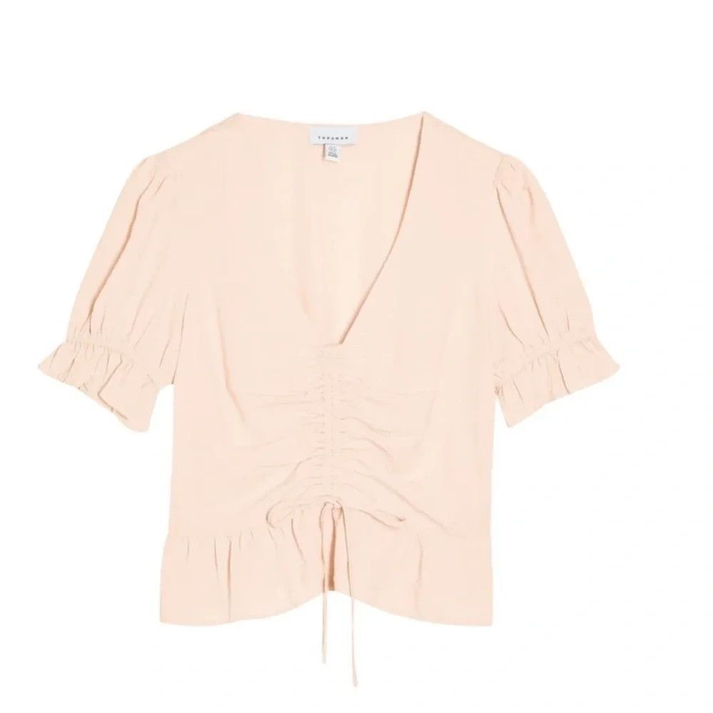 TOP SHOP Ruched Front Plunge Peplum Puff Sleeve Blouse Blush Pink Womens Sz 6 US
